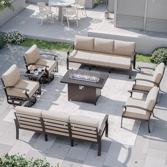 Kurapika Aluminum Patio Furniture Set 10-Seat Modern Metal Outdoor Conversation Sets w/45in Propane Fire Pit Table, Swivel Rocking Chairs Patio Sectional Sofa w/5.1 Inch Cushion, Sand