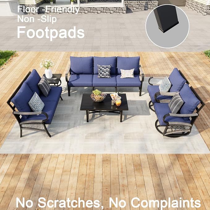 6 Pieces Patio Furniture Set, Metal Outdoor Conversation Sets with Swivel Chairs, Modern Couch Sofa Seating Group with Coffee Table and Side Table (Thick Blue Cushions)