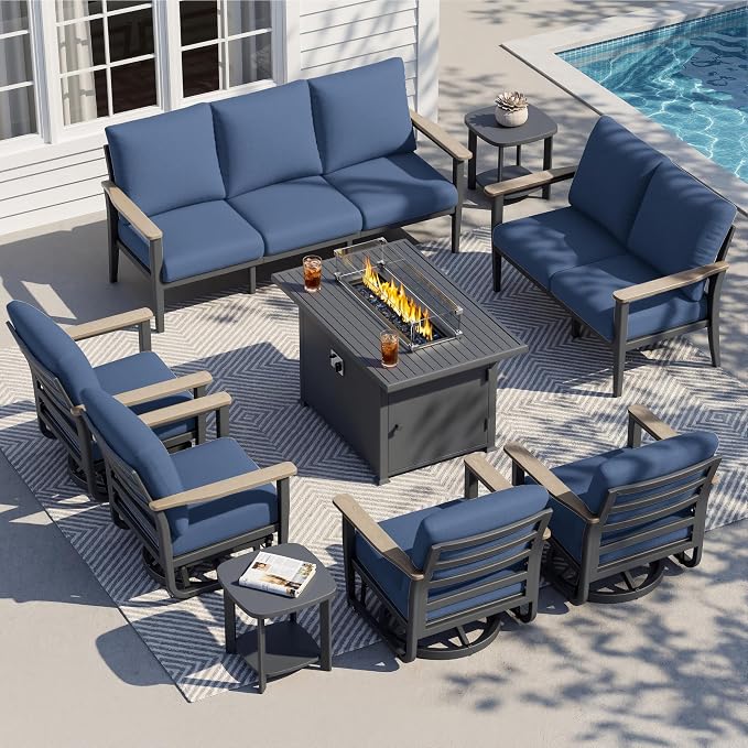 Aluminum Outdoor Patio Furniture Set with Swivel Rocking Chairs 9-Seat, Patio Sectional Sofa Patio Conversation Set with 55,000 BTU Fire Pit Table High Backrest & Thickened Cushions, Navy Blue