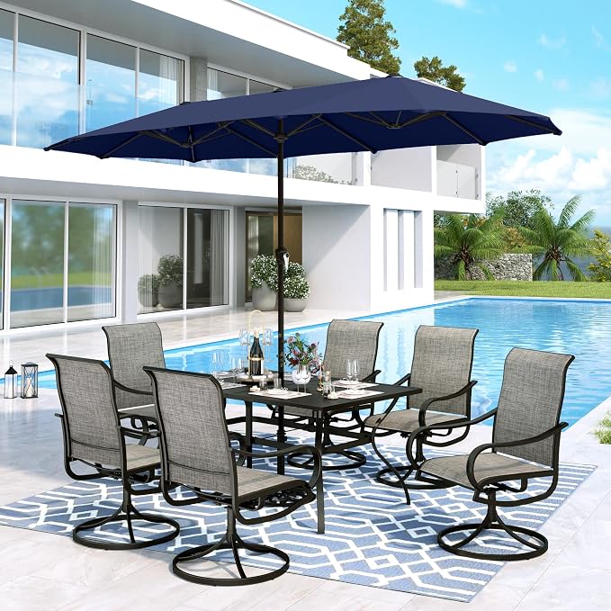 MFSTUDIO Patio Dining Set for 6, Outdoor Furniture Set with Navy Umbrella (Base not Included), Rectangle Metal Table and 6 Swivel Chairs for Patio, Deck, Backyard, Garden
