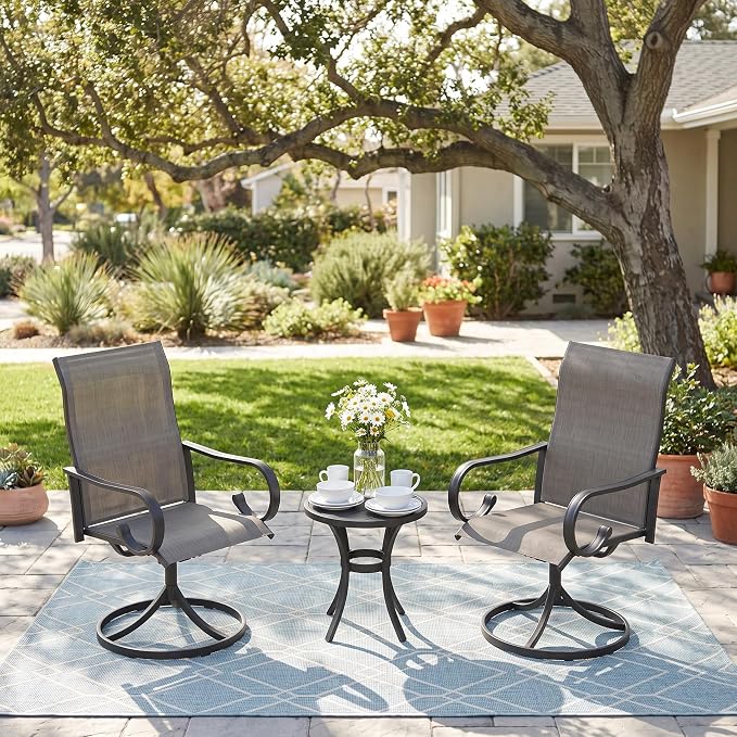 3 Pieces Patio Dining Set, 2 Outdoor Swivel Dining Chairs with 18.5" Round Outdoor Dining Table, All Weather Textilene Patio Chairs and Metal Table for Garden Backyard, Mixed Brown & Black