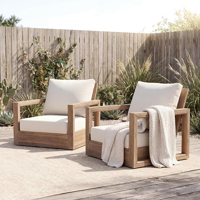 Christopher Knight Home 3-Piece Patio Swivel Chair Set with Side Table, Acacia Wood Outdoor Swivel Rocking Chairs with Cushions, Deep Seating Patio Chair & End Table for Porch Deck Garden, Brown+Beige