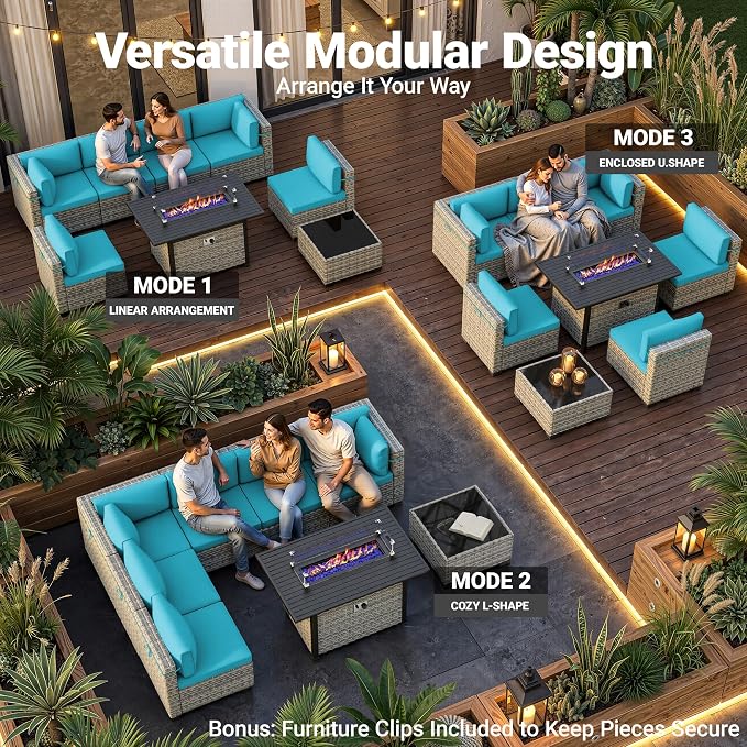 8-Piece Modern Patio Conversation Set with 55,000 BTU Fire Pit Table, Thick Cushions, Dual-Strand Wicker Rattan, Rust-Resistant Frame, Lake Blue