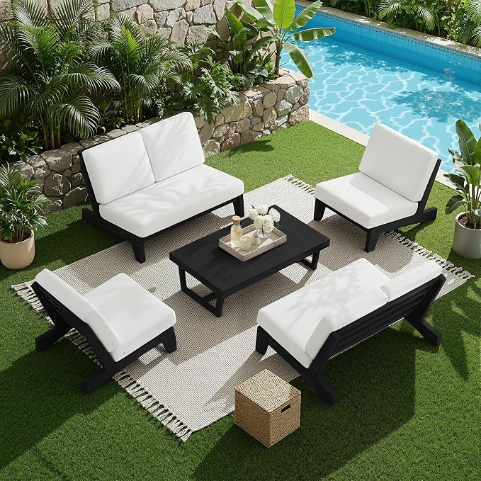 7 Pieces All Weather Black Wood Patio Furniture Sets, 2 Patio Loveseat, 4 Patio Bistro Chair, Outdoor Sectional Sofa Furniture Backyard Conversation Set with Coffee Table - Beige