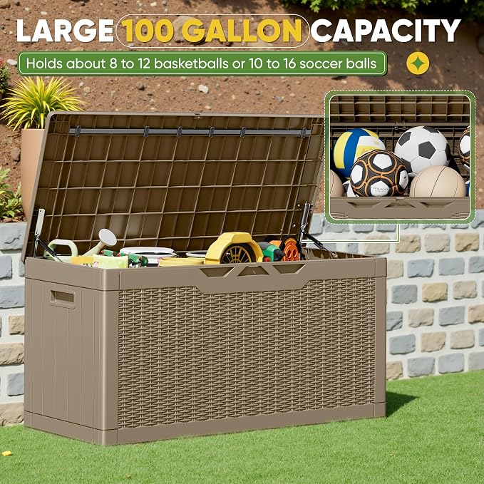 Greesum Outdoor Storage Box 100 Gallon Storage Bin with Lid for Patio Furniture, Garden Tools, Pool Supplies, Lockable, Waterproof and UV Resistant, Light Coffee