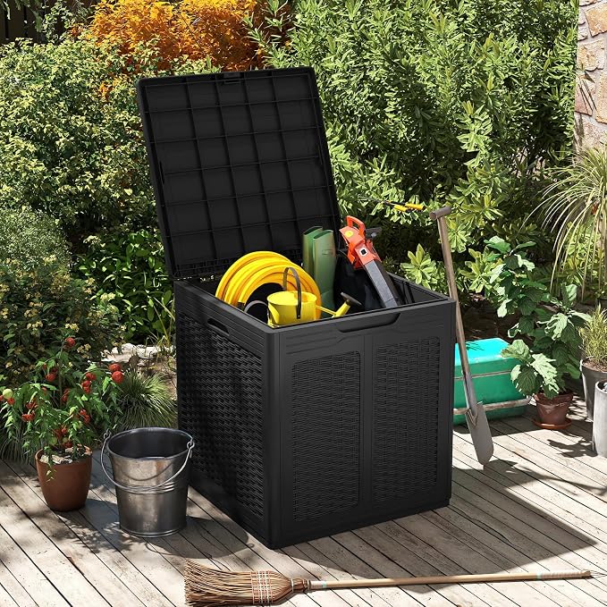 Tangkula 39 Gallon Outdoor Storage Box, Waterproof PP Resin Patio Storage Box with Lockable Lid for Indoor & Outdoor Use, Rattan Design Deck Box for Cushions, Garden Tools