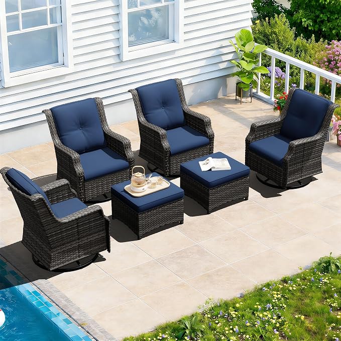 Outdoor Patio Furniture Set, 6 Piece Wicker Patio Furniture with Thick Cushions, Curved Armrest, Deep Seating, Outdoor Swivel Rocker Chairs for Porch, Deck, Balcony