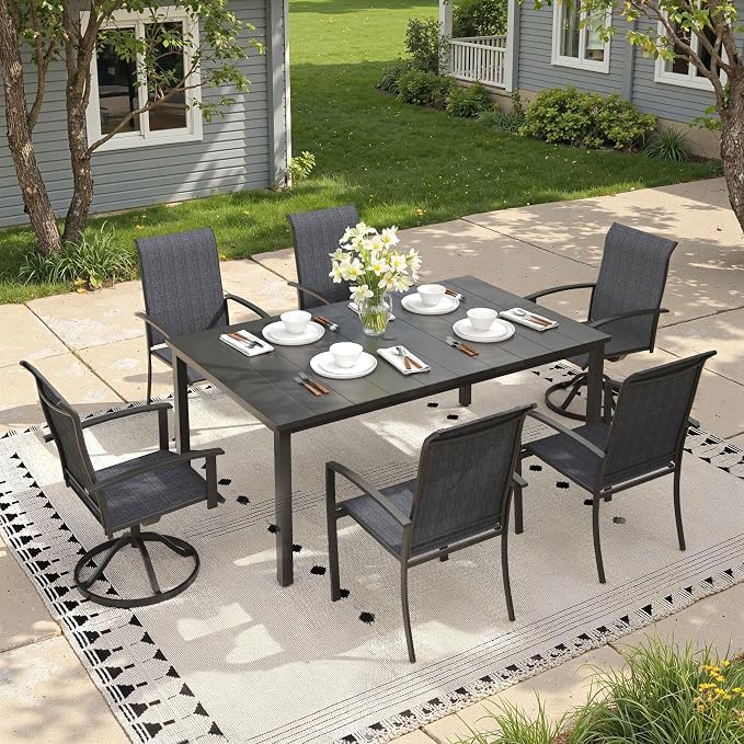 7 Pieces Outdoor Dining Set, 63" Rectangular Patio Table and Chairs Set with 2 Swivel Chairs & 4 Stationary Chairs for Deck Lawn Backyard, Black & Black