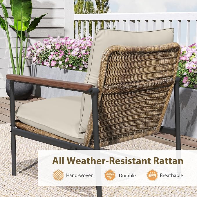 HAPPATIO 4-Piece Outdoor Furniture Set, Aluminum Patio Converation Set with Wicker Seat and Acacia Wood Armrest, 3-Seat Sofa Set with Olefin Cushion and Wood Table for Garden Lawn Backyard