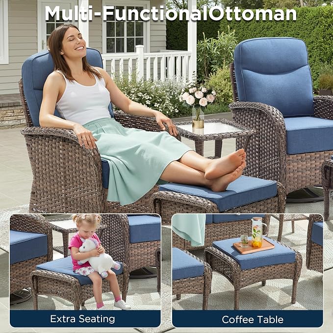 Luxury Outdoor Patio Furniture Set with 6-Inch Thick Cushions, 6 Pieces All-Weather Wicker Outdoor Furniture with Outdoor Rocking Chair, Outdoor Patio Conversation Sets for Garden Porch Deck, Blue