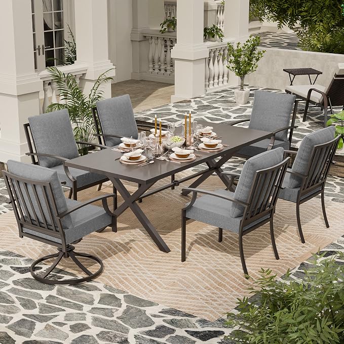 7 Piece Outdoor Dining Set for 6, Metal Patio Table and Chairs with Cushions, Patio Furniture Set with 2 Swivel Chairs, Rectangular Patio Dining Table with Umbrella Hole, Lawn Deck, Yard-Grey