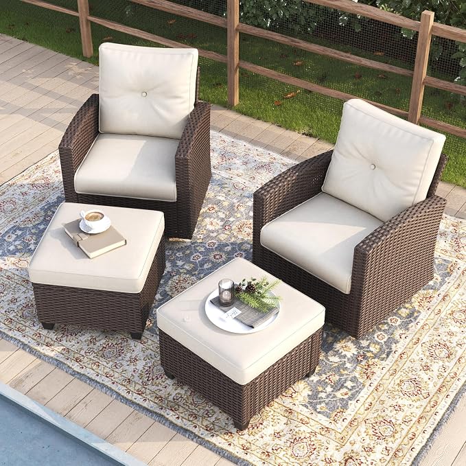 4 Pieces Patio Furniture Swivel Chairs Set, Outdoor Wicker Glider Rocking Chairs with Ottoman Set