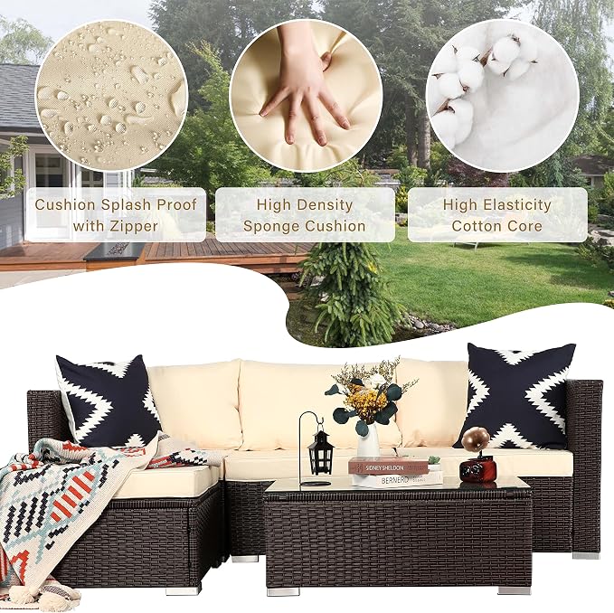 5 Piece Rattan Patio Furniture Set, Outdoor Patio Conversation Set | Soft Removable Cushion and Backrest, Tempered Coffee Table, Modern Chairs and Table Sets for Porch, Garden, Lawn, Grey/Beige