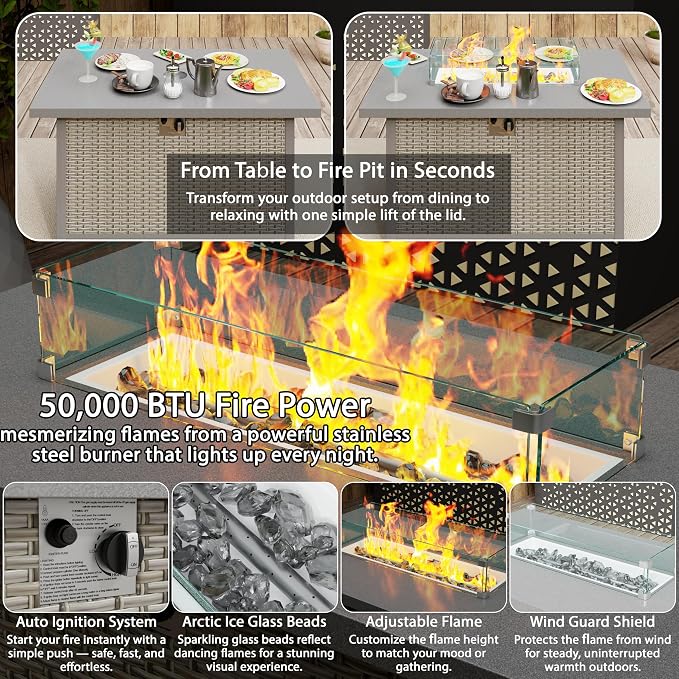 7 Piece Patio Furniture Set, 8" Wide Arm Sectional Sofa Set with 50000 BTU Propane Fire Pit Table & Coffee Table, Rattan Outdoor Conversation Set for Garden, Porch, Lawn, Khaki