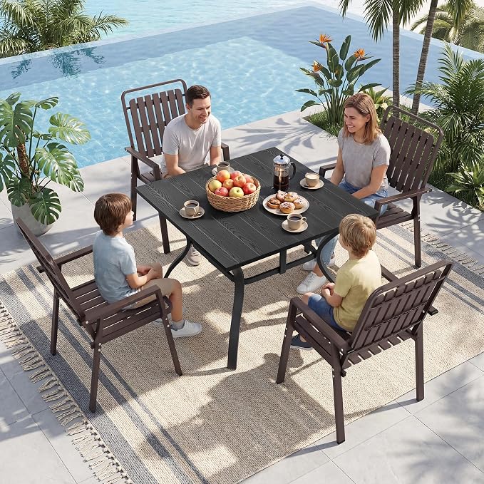 Outdoor Dining Set for 4, Patio Table and Chairs Set with 1.97'' Umbrella Hole, 5pcs Patio Furniture Set 37.8”x37.8” Black Dining Table Set for Porch Deck Backyard Pool