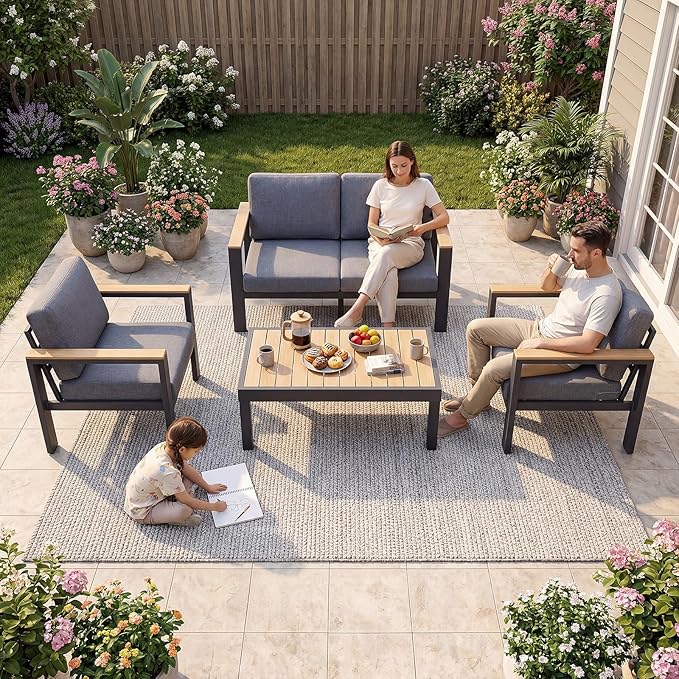 4-Piece 4-Seater Aluminum Patio Furniture Set,Outdoor Patio Table and Chairs Set with 2 Single Chairs+Loveseat+Coffee Table, 1.5mm Thick Rustproof Frame, Waterproof Washable Cushions for Porch Deck