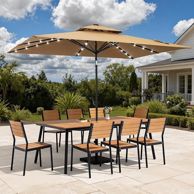 9-Piece Outdoor Dining Set for 8 Person with Teak Wood-Grain Top | Armless Stackable Chairs with 19.4" Seat Depth, Aluminum Frame Dining Furniture with Umbrella Hole for Deck, Porch & Backyard
