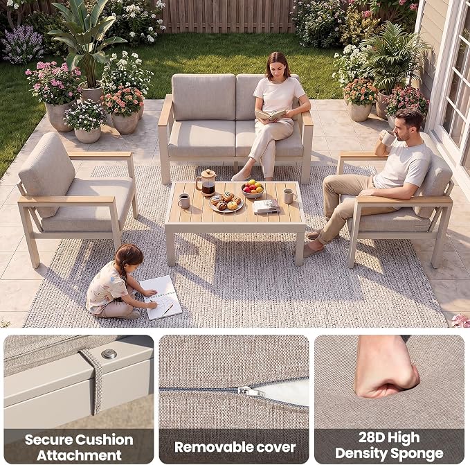 7-Seater Beige Aluminum Patio Conversation Set, Outdoor Sectional Sofa Set with Coffee Table, 1.5mm Thick Powder-Coated Frame, Weather Resistant Outdoor Furniture with Washable Waterproof Cushions