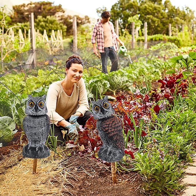 Hausse 2 Pack Fake Owl Decoys to Scare Birds Away, Rotating Head Plastic Owl Bird Deterrents, 10.6 Inch Height Bird Scarecrow Nature Enemy Horned Pest Repellent for Outdoor Garden Yard