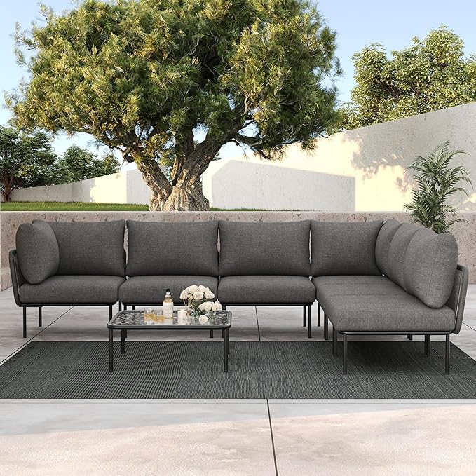 LayinSun 2 Pieces Aluminum Patio Furniture Set, Modern Modular Sectional Corner Chairs and Upgrade Thickness Cushion