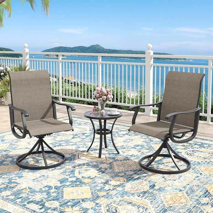Outdoor Dining Set for 2, 18.5" Metal Round Patio Side Table and Sling Patio Swivel Chairs, 3 Pieces Patio Table and Chairs Set for Garden Backyard, Mixed Brown and Black