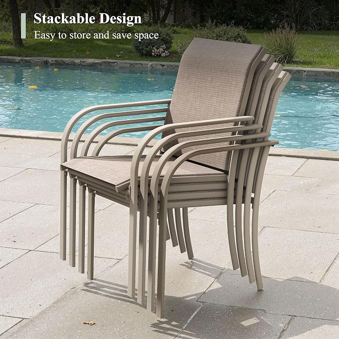 5 Pieces Outdoor Dining Set, Stackable Textilene Paito Chairs & 40.5" Round Dining Table with Umbrella Hole and Shelf, Patio Dining Set for Backyard, Deck, Garden, Sandshell