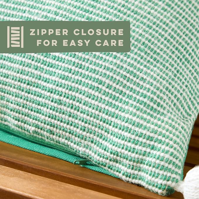 TOWN & COUNTRY TERRA Alara Ribbed Texture Handcrafted Indoor Outdoor Decorative Pillow, 100% Recycled Materials, UV Fade Resistant, Water Repellent, Green/Ivory, 20"x20"