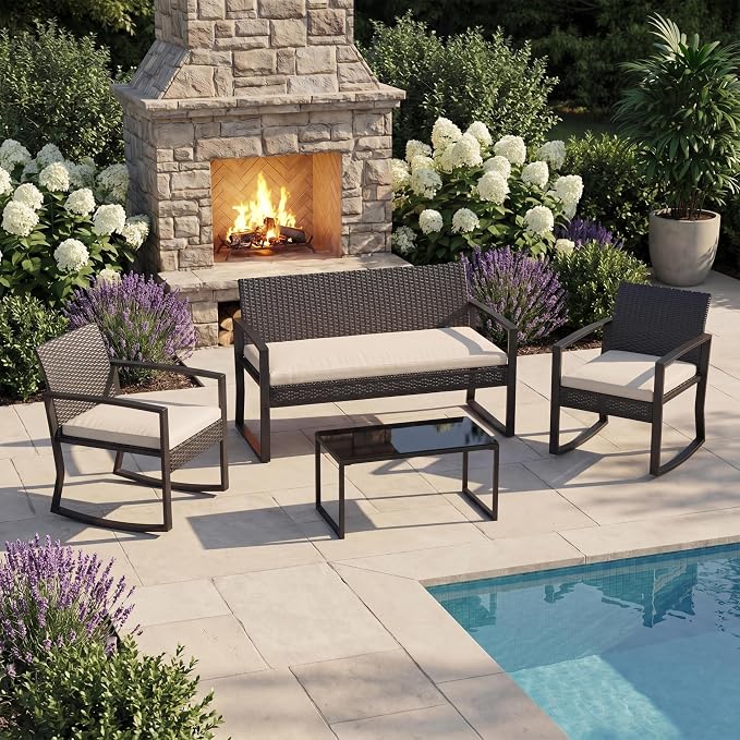 IDEALHOUSE 4 Piece Outside Patio Furniture Set, Outdoor Wicker Rocking Chair Conversation Set with Glass Coffee Table, PE Rattan Patio Furniture for Backyard, Porch, Patio, Poolside