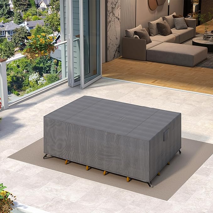 PURPLE LEAF Outdoor Dining Set with Waterproof Furniture Cover 7-Piece All-Weather Patio Set for 6 with Gray Aluminum Table Rope Weave Chairs and Cushions, Gray
