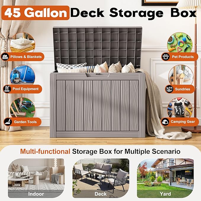 Outdoor Storage Box, Resin Deck Boxes Indoor and outdoor, Waterproof Storage Box Lockable Lid (Grey, 50 Gallon)