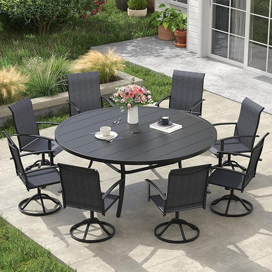 VICLLAX Outdoor Table and Chairs Set for 8, Patio Dining Set of 60" Metal Round Patio Table with Umbrella Hole & 8 Swivel Outdoor Dining Chairs for Backyard Lawn, Charcoal & Black