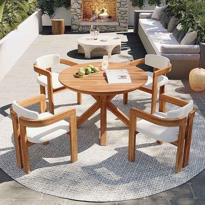 Christopher Knight Home Katy Modern 5 Piece Outdoor Dining Set, Round Dining Table Set for 4 with Chairs, Acacia Wood Patio Furniture Set with Barrel Chairs and Seat & Back Cushions, Beige+Brown