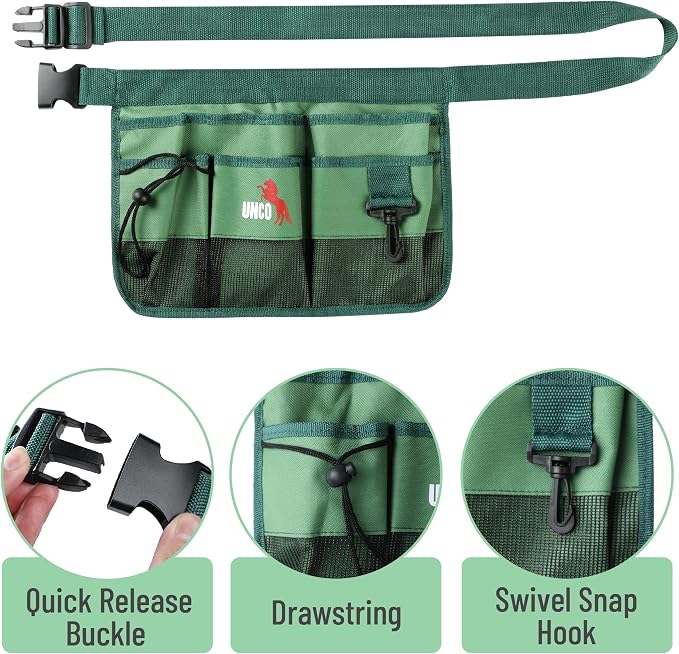 UNCO- Adjustable Gardening Belt, Green, 7 Pockets, Wear, Cut and Water Resistant, Garden Tool Belt Pouch, Waist Apron with Pockets