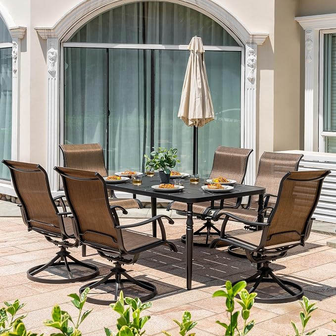 NUU GARDEN 7 Pieces Outdoor Metal Dining Set, Patio Metal Dining Set of 6 Textilene Swivel Chairs and 1 Rectangular Table with Umbrella Hole, Slatted Tabletop and Powder-Coated Frame, Black and Brown