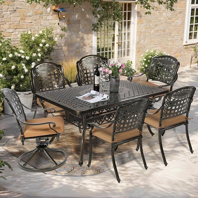 7-Piece Outdoor Patio Dining Set, 60” Rectangular Cast Aluminum Dining Table with Umbrella Hole and 4 Stationary, 2 Swivel Rocker Chairs, 6 Cushioned, Backyard, Patio, Garden