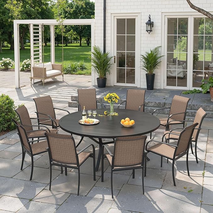 VICLLAX 11 Pieces Patio Outdoor Dining Set, 60" Round Metal Table with Umbrella Hole and 10 Stackable Textilene Chairs for Patio, Lawn, Garden, Porch, Black/Brown