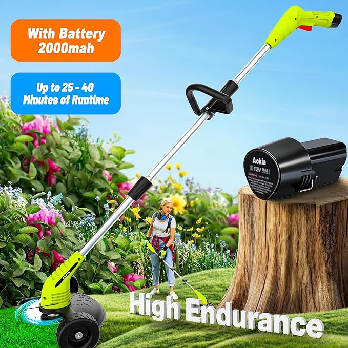 Aokia Electric Weed Wacker Cordless, 12V Battery Powered Weed Eater Cordless with Adjustable Pole (65inch), Lightweight Grass Trimmer Cutter/Mower with 2 Types Blade for Yard Lawn and Garden