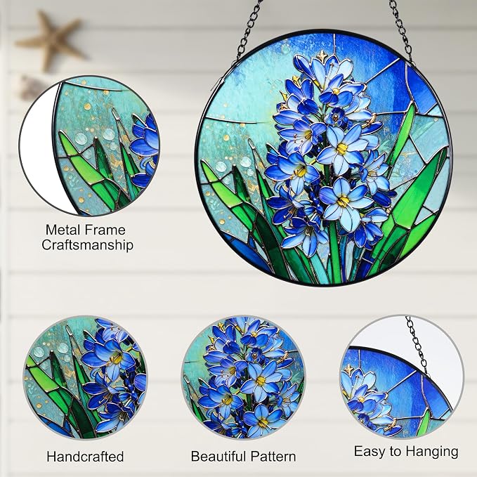 Stained Glass Window Hanging, Hyacinth Suncatcher 7.8 in Sun Catcher Glass Panel Boho Wall Art Decor with Chain Diamond Glass Panel Hangings Scenery Sun Catchers Decor for Lover Couple Mom