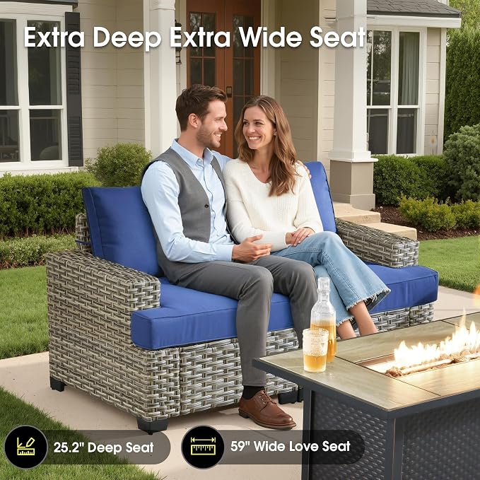 Rattan Patio Furniture Set with Swivel Chairs,6 Pieces Outdoor Sectional with Glowing Coffee Table,Out Door Furniture Conversation Set,Navy Blue