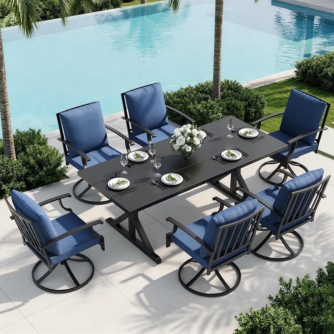 7 Piece Outdoor Dining Set for 6, Metal Patio Table and Chairs with Cushions, Patio Furniture Set with 6 Swivel Chairs, Rectangular Metal Dining Table with Umbrella Hole, Lawn Deck Yard-Navy