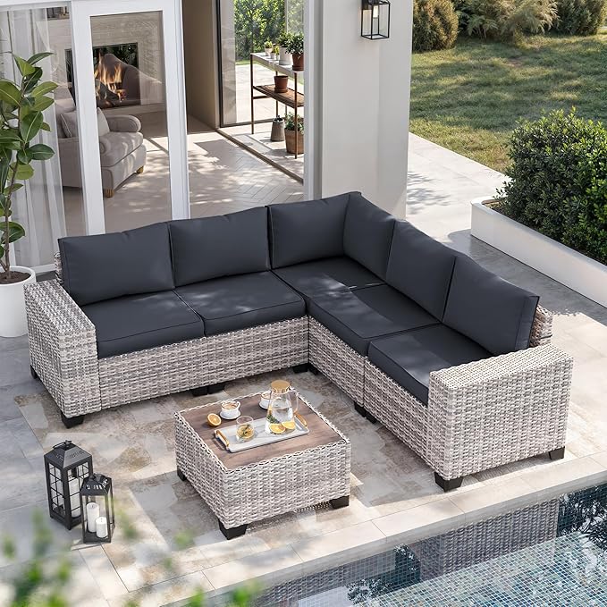6-Piece Outdoor Patio Furniture Set Wicker Sectional Sofa Set, Patio Conversation Set with Thickened Cushions & Chunky Arms for Garden, Backyard, Poolside, Dark Grey