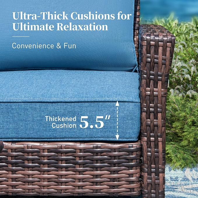 Patio Furniture Set with Swivel Chairs, High Back Wicker Rattan Furniture with 5.5" Thick Cushions, Fire Pit Table and Ottomans, All Weather Outdoor Conversation Set for Backyard Deck,9 Seats, Blue