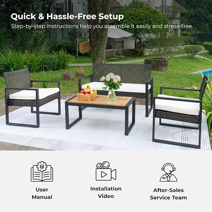 5-Piece Boho Patio Furniture Set, PE Rattan & Acacia Wood Outdoor Conversation Set for Porch, Garden, Backyard, Balcony