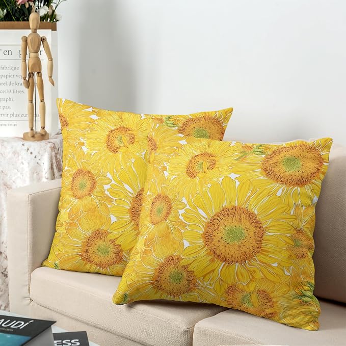 Sunflower Pillow Covers Floral Throw Pillow Covers 16x16 Yellow Pillow Case Flowers Double Sided Printing Cushion Case for Living Room Couch Sofa Set of 2