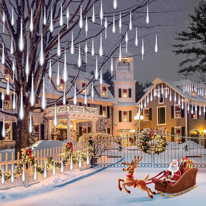 Meteor Shower Lights Outdoor, 2 Pack 11.8 Inches 10 Tubes 240 LED Snowfall Lights, Waterproof Meteor Christmas Light, Hanging Falling Rain Light for Tree Bushes Holiday Party Decoration, White