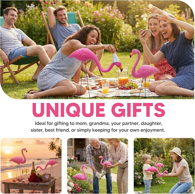 JOYIN Set of 2 Small Pink Flamingo Yard Ornament Stakes Mini Lawn Plastic Flamingo Statue with Metal Legs for Sidewalks, Outdoor Garden Decoration, Luau Party, Beach, Tropical Party Decor, 2 Styles