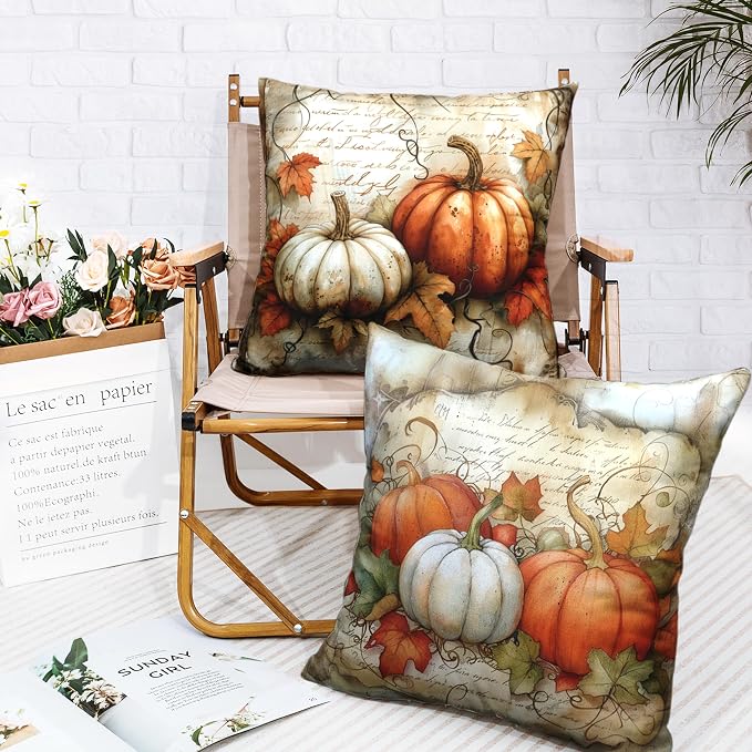 Fall Pillow Covers 22x22 Vintage White Orange Pumpkin with Maple Leaves Decorative Pillow Case Set of 2 Autumn Cotton Linen Cushion Case for Couch Patio Bench