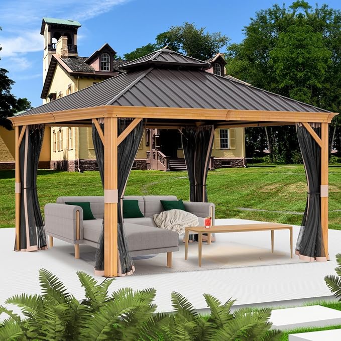 Kozyard Apollo 12’x12’ Hardtop Gazebo, Wooden Coated Aluminum Frame Canopy with Galvanized Steel Double Roof, Outdoor Permanent Metal Pavilion with Netting for Patio Lawn