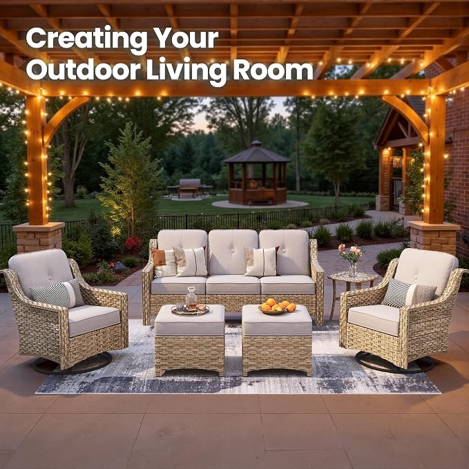 6 Piece Patio Furniture Set with Swivel Rocker Chairs, Outdoor Wicker High Back Sofa Glider Chair Ottoman with Cushion, All Weather Conversation Sets for Backyard Poolside Deck Grey
