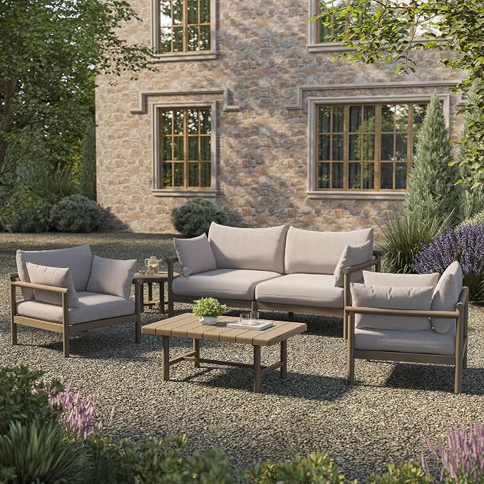 Modway Eleni 5-Piece Outdoor Teak Wood Patio Furniture Set in Weathered Gray Pebble – Backyard Conversation Set with Loveseat, 2 Armchairs, Side Table, and Coffee Table